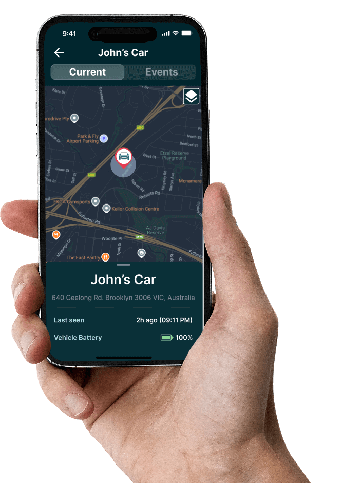 Mobile app screen showing John’s car live GPS location on a map with vehicle status, battery level, and last seen details