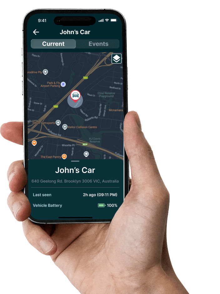 Mobile app screen showing John’s car live GPS location on a map with vehicle status, battery level, and last seen details